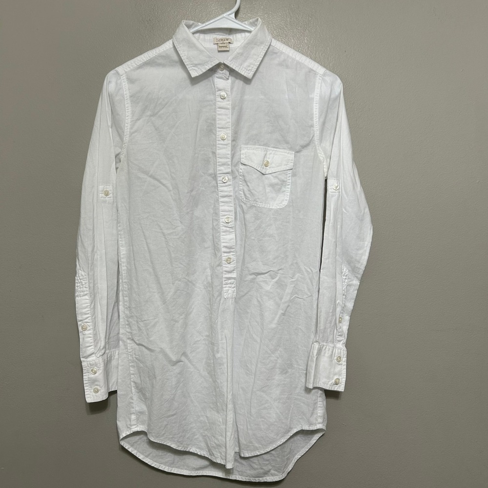 J.Crew Womens Tunic XXS White Cotton Tunic Roll-Tab Sleeve Coastal Lagenlook